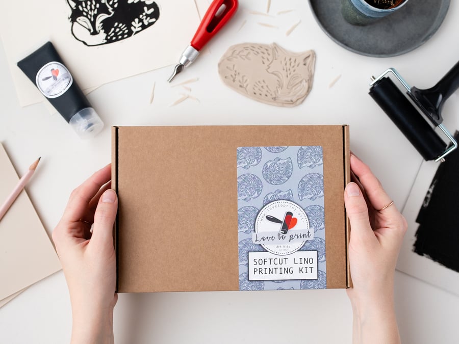 Lino printing kit with softcut blocks