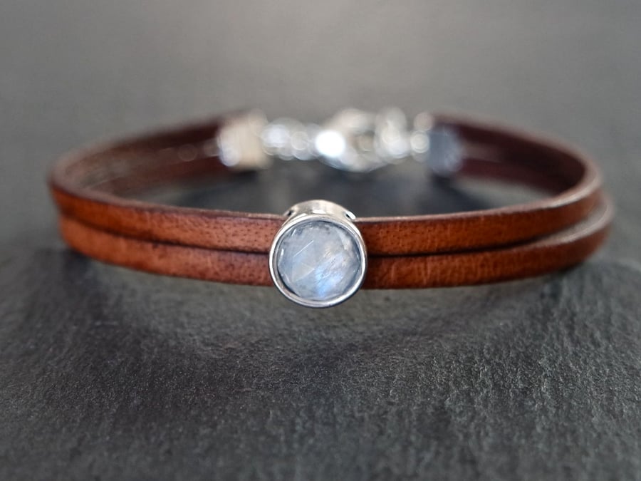 Moonstone 925 Sterling Silver Leather bracelet 