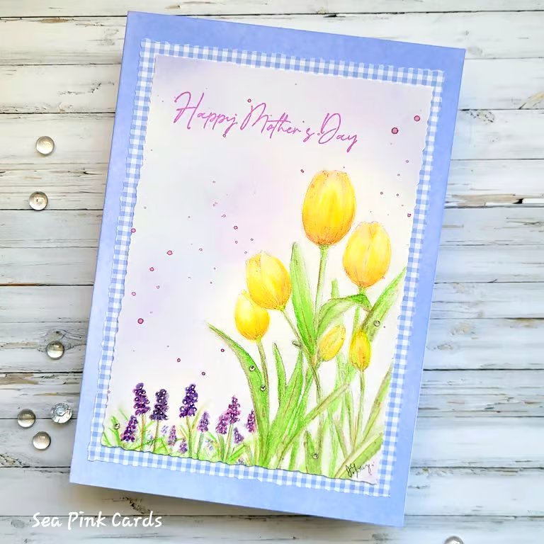 Mother's Day Card original handpainted  - yellow tulips, gingham