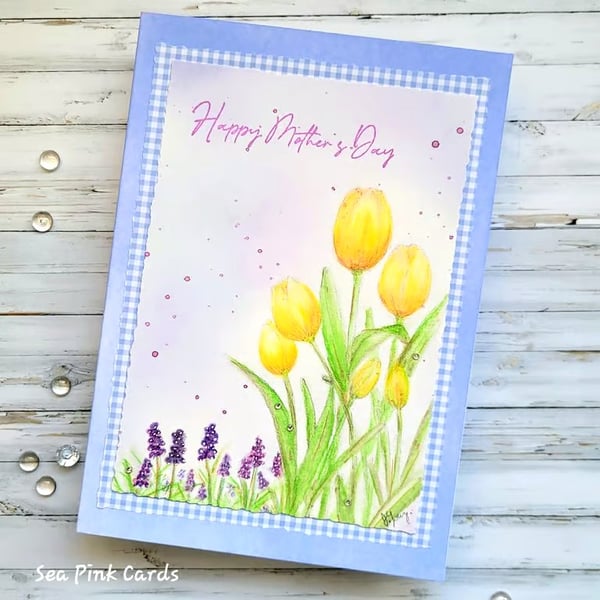Mother's Day Card original handpainted  - yellow tulips, gingham