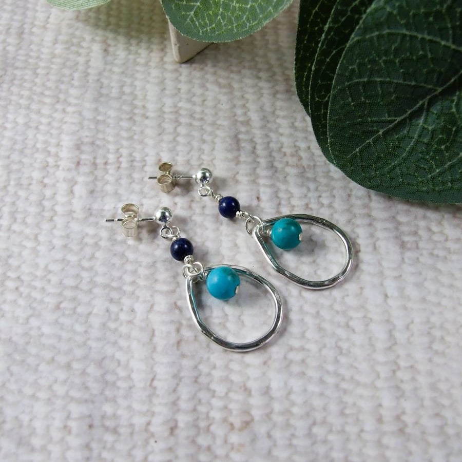 Earrings, Sterling Silver, Lapis Lazuli and Turquoise Teardrops