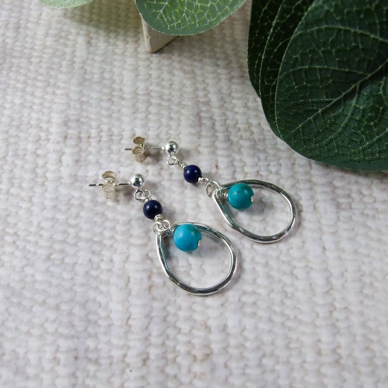 Earrings, Sterling Silver, Lapis Lazuli and Turquoise Teardrops
