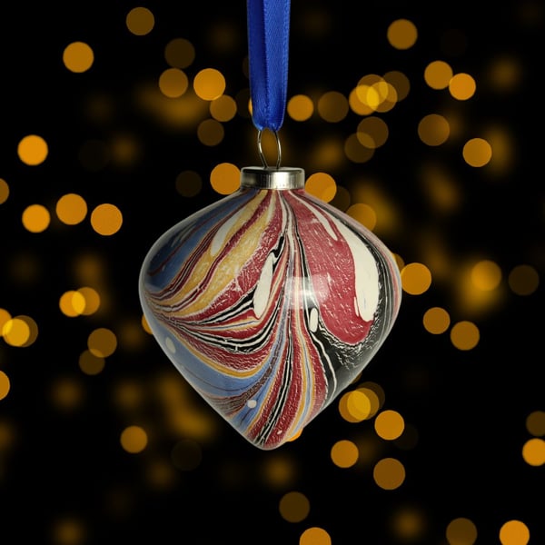 Hand marbled Christmas drop shape bauble ornament 