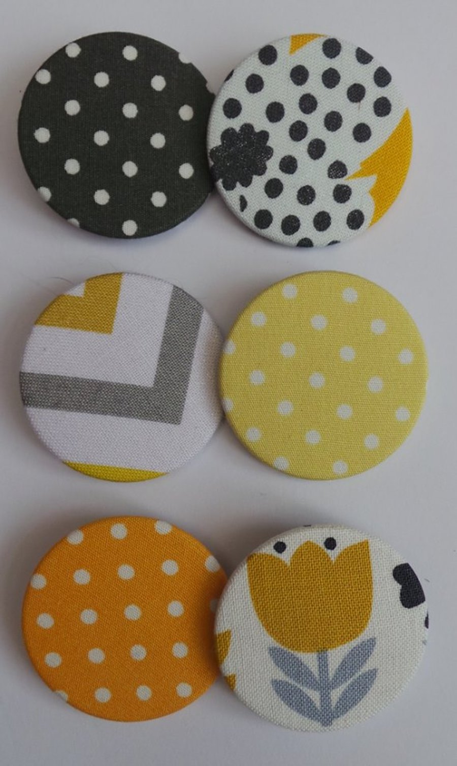 Grey & Yellow Collection Fabric Covered Badges 1 pattern 1 polka dot pack of 2
