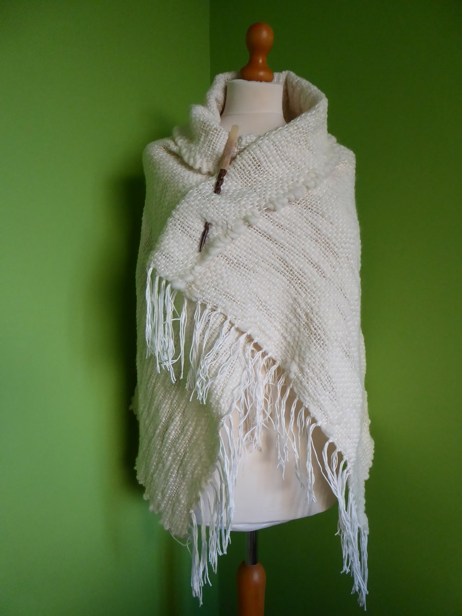 Woven Shawl . Woven Natural Wool and Cotton Throw.