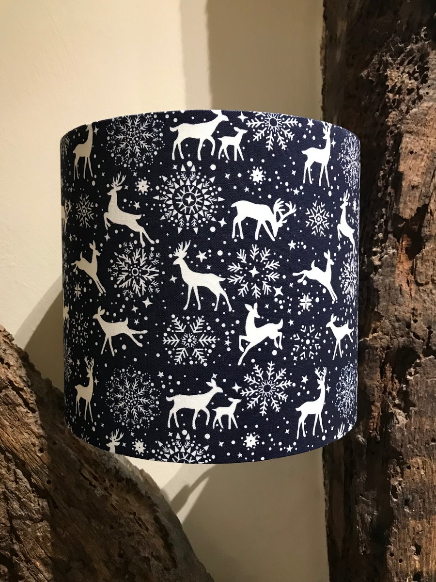 Handmade Christmas Lampshade Navy with White Reindeer & Snowflakes