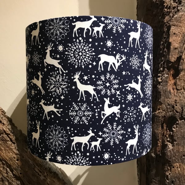 Handmade Christmas Lampshade Navy with White Reindeer & Snowflakes