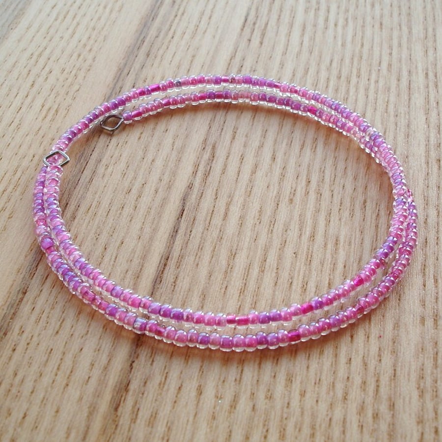 Vivid Pink Glass Seed Bead Spiral Bracelet