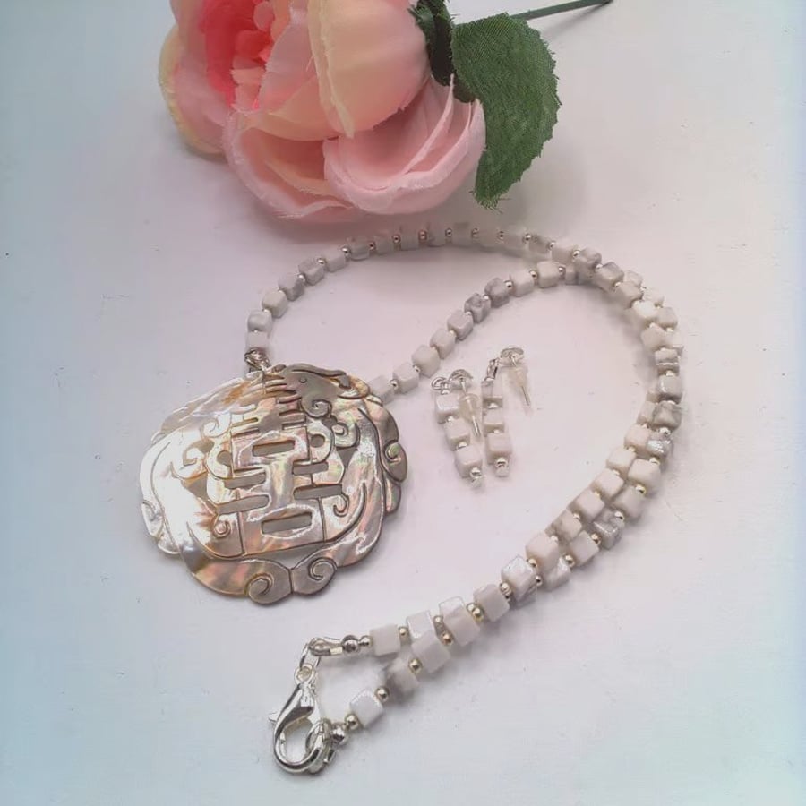 White Howlite Cube Bead Necklace & Earrings with Silver Accents & Shell Pendant
