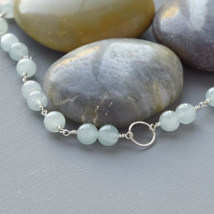 Karma Necklace of Sterling Silver and Aquamarine Gemstone Beads Hand Made Chain