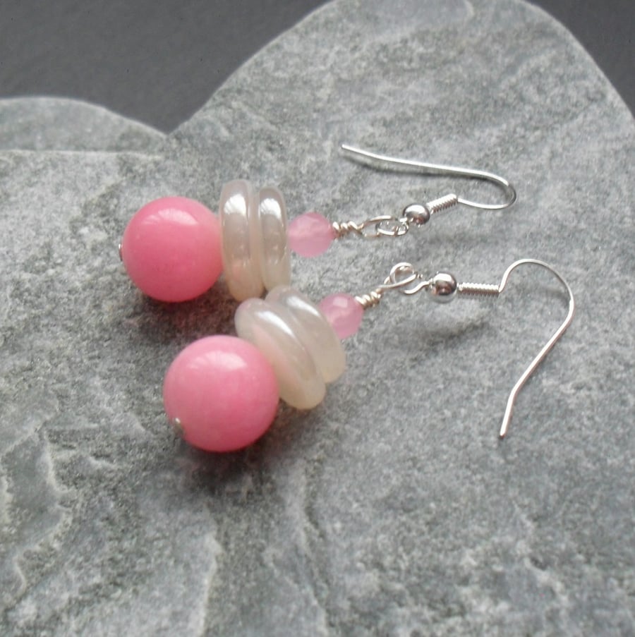 Pink Quartz and Pearl Coated Chalcedony Silver Plate  Earrings