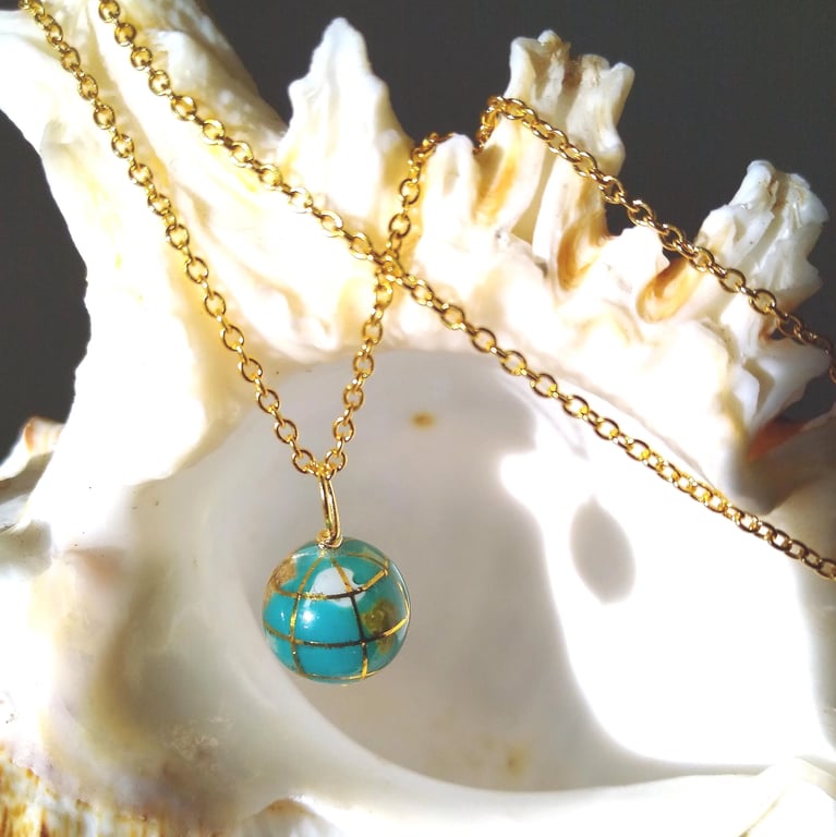 Gemstone World Globe Pendant & Gold Plate 925 Silver Necklace 18 inch