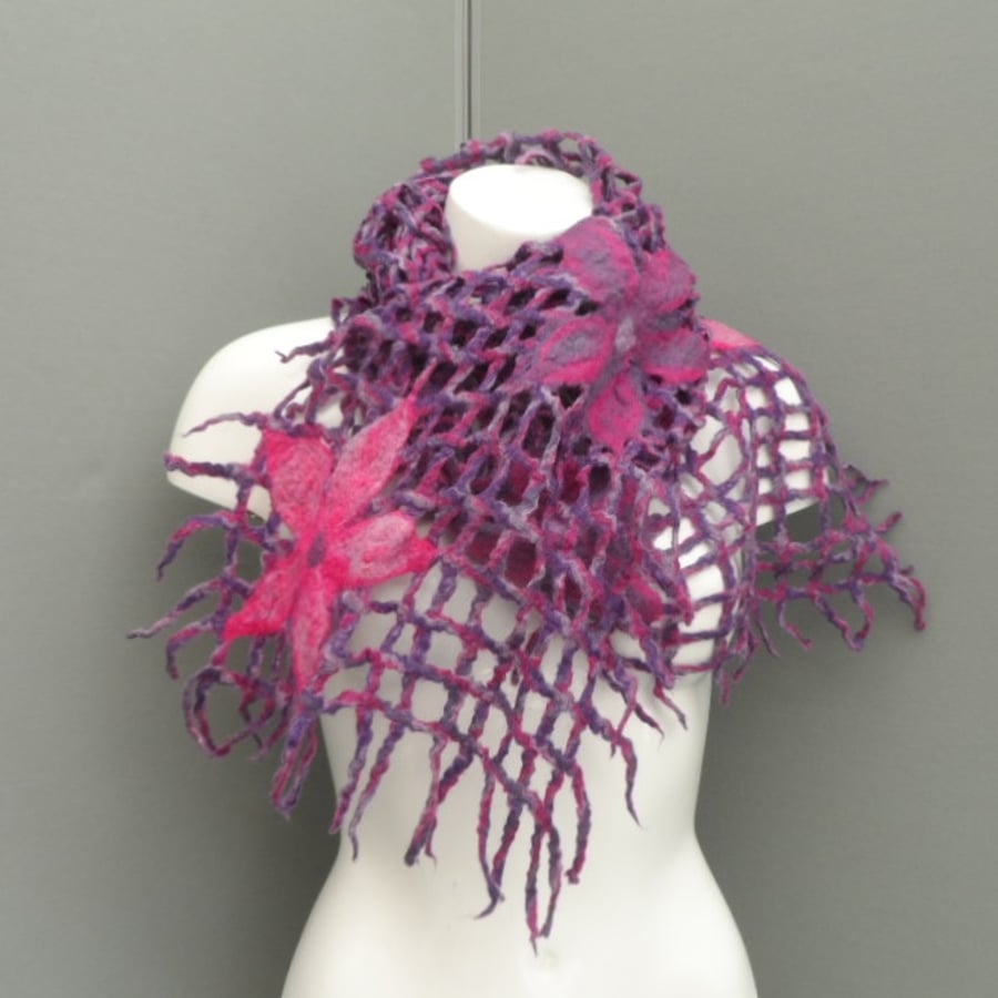 Felted lattice scarf, pink and purple with flowers