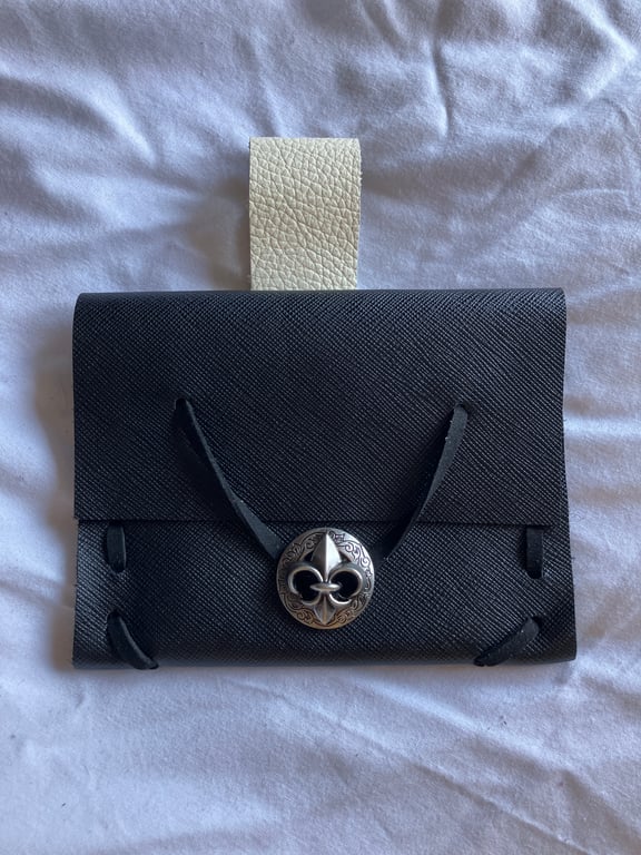 Small Pouch-Black Leather Medieval Style-Fleur de Lis Style Closure - FREE SHIP