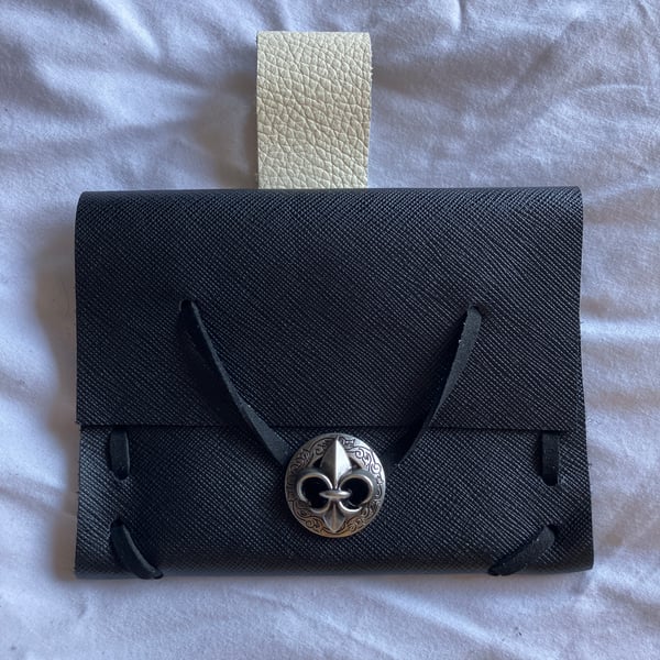 Small Pouch-Black Leather Medieval Style-Fleur de Lis Style Closure - FREE SHIP