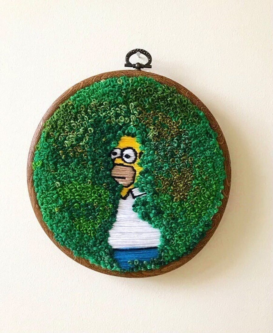 Homer Simpson hiding in bush hand embroidery wall hanging !
