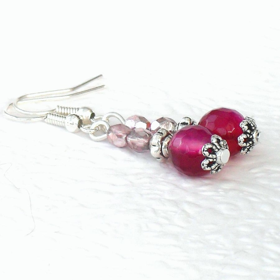 Handmade pink gemstone earrings, with pink agate and crystal