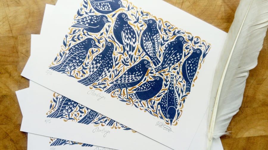 Purple and Gold Starlings Birds Lino Print