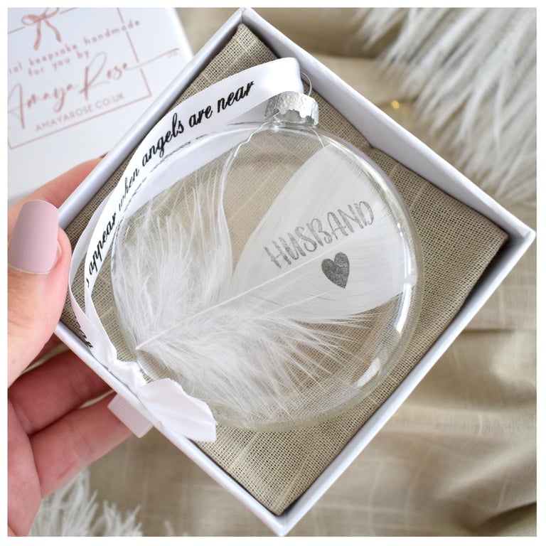 Husband Memorial Round Feather Bauble, In Memory of Husband, Round Glass Christm