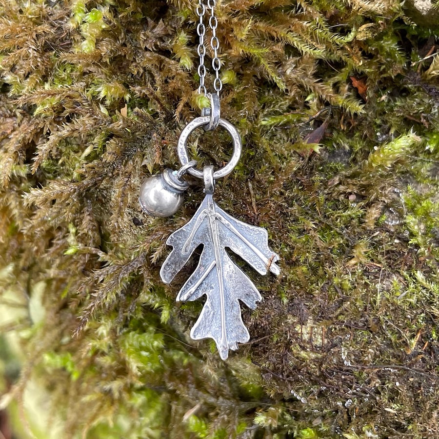 Sterling silver Hawthorn leaf and berry pendant and chain.