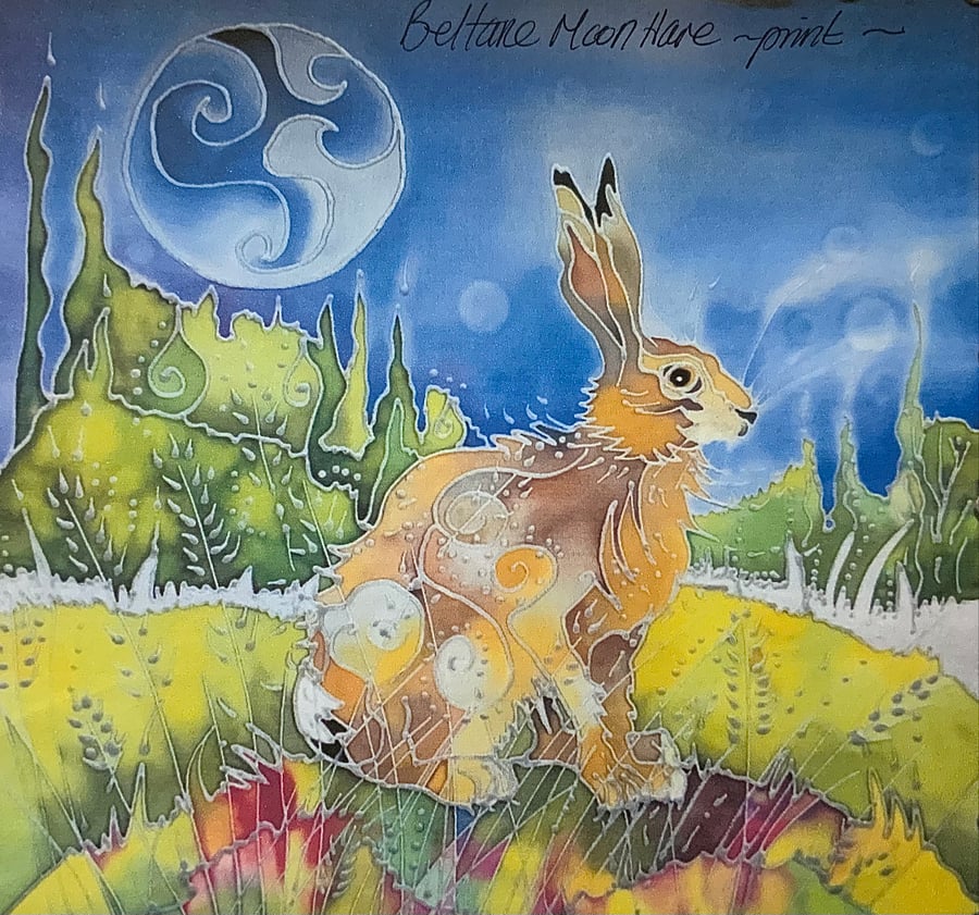Painting of a Mystic Moon Hare. Original Hand Painted on Silk. Beltane Moon Hare