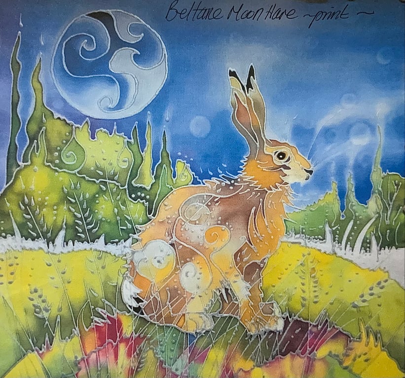 Painting of a Mystic Moon Hare. Original Hand Painted on Silk. Beltane Moon Hare