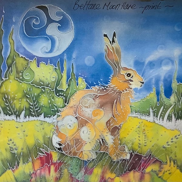 Painting of a Mystic Moon Hare. Original Hand Painted on Silk. Beltane Moon Hare
