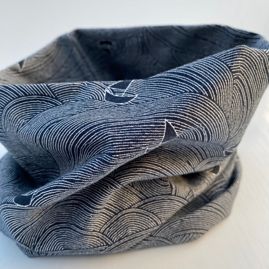 Navy Waves and Boats Organic cotton Snood  (Adult - 21” diameter approx)