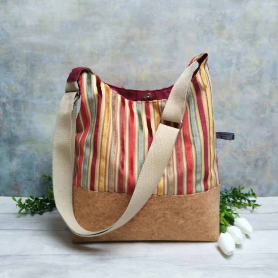 Striped  Chenille Textile and Cork Fabric Bucket Bag