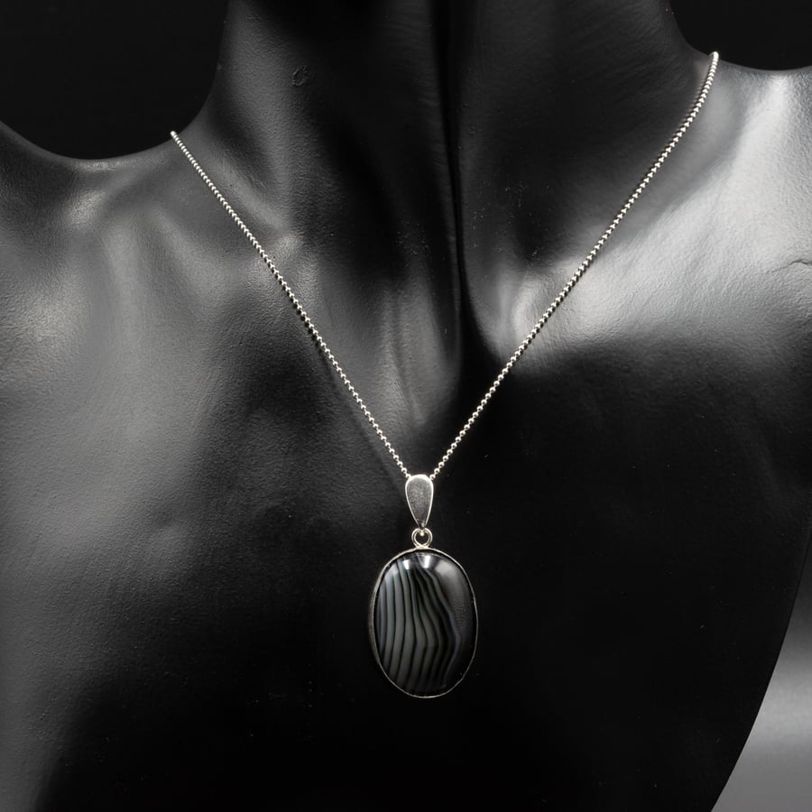 Black striped agate and sterling silver pendant necklace