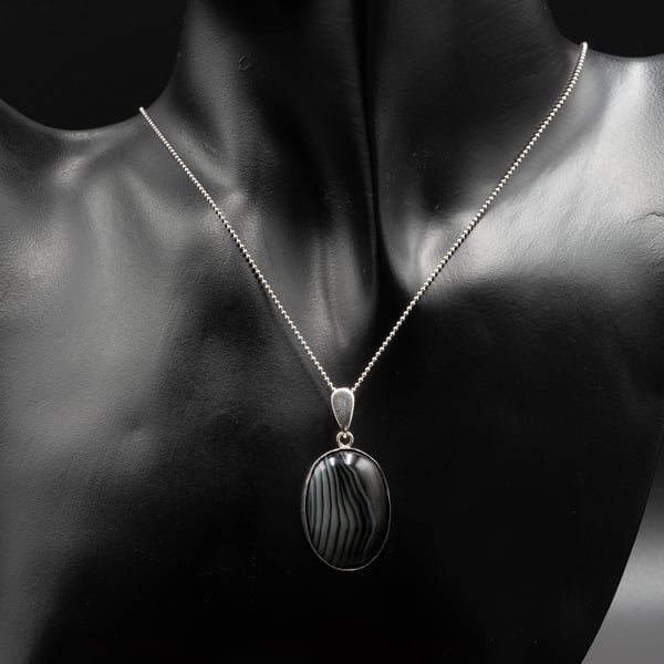 Black striped agate and sterling silver pendant necklace