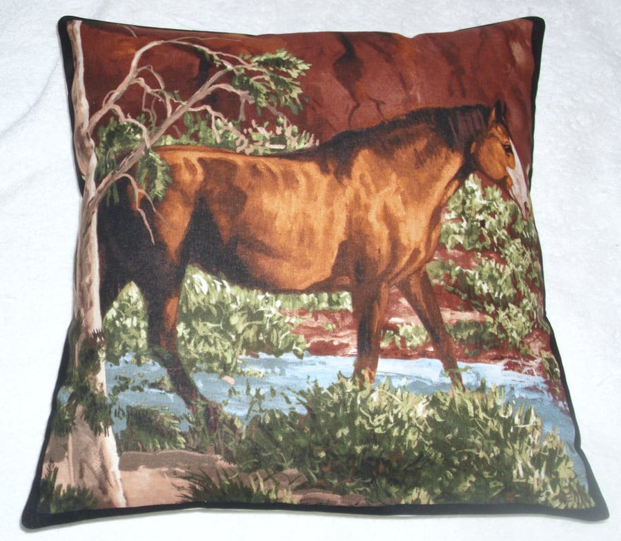 A beautiful chestnut brown and white horse stepping through a stream cushion