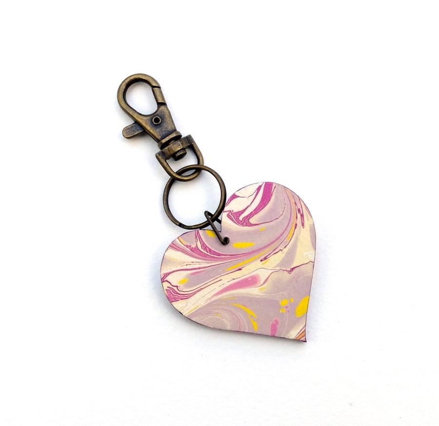 'In the Pink' marbled paper wooden heart keyring bag charm with lobster clasp 