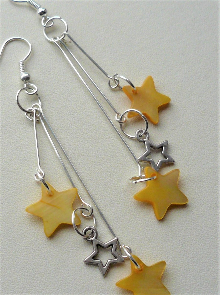 Long Silver Plated Triple Star Shell Dangle Earrings   KCJ1929