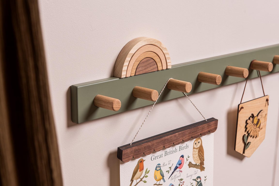 Kids bedroom peg rail coat rack, Woodland Sage, Wooden peg rail