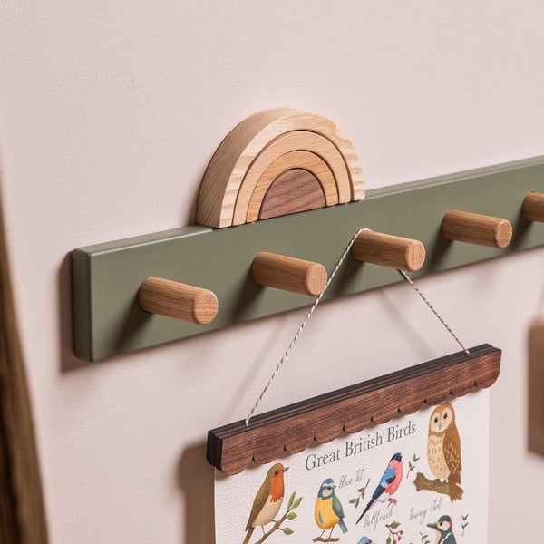 Kids bedroom peg rail coat rack, Woodland Sage, Wooden peg rail