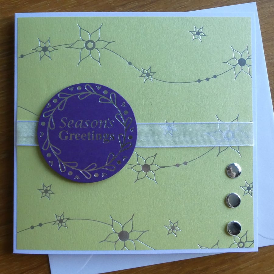 Season's Greetings Christmas Card - Lime Green & Purple