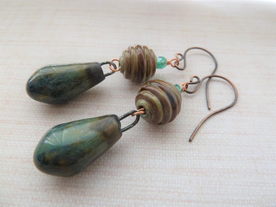 copper, lampwork and ceramic earrings