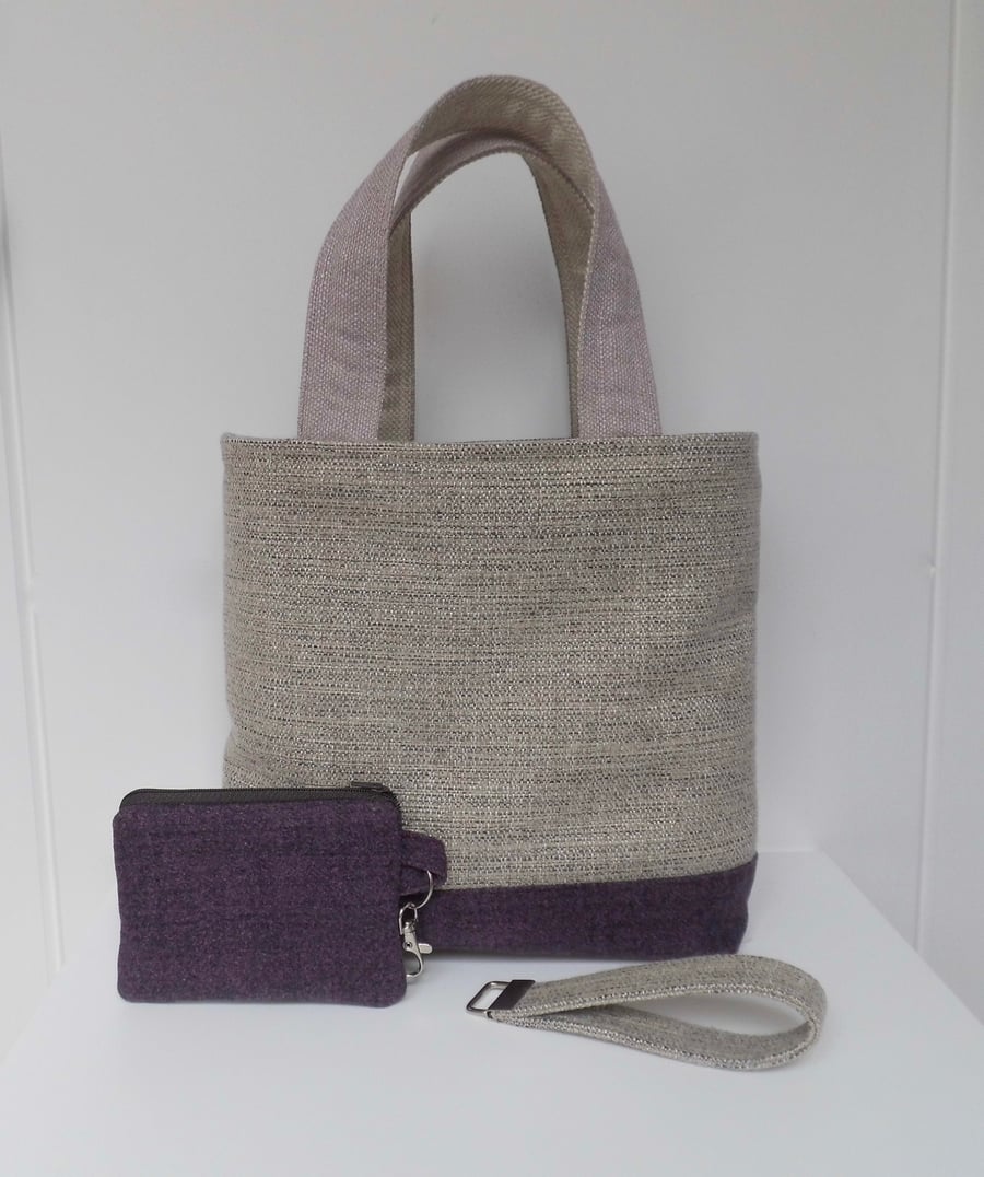 Bucket hand bag tote, purse and key ring in mauve, purple and beige.