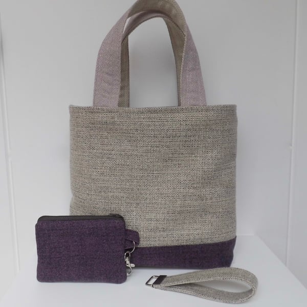 SOLD Bucket hand bag tote, purse and key ring in mauve, purple and beige.