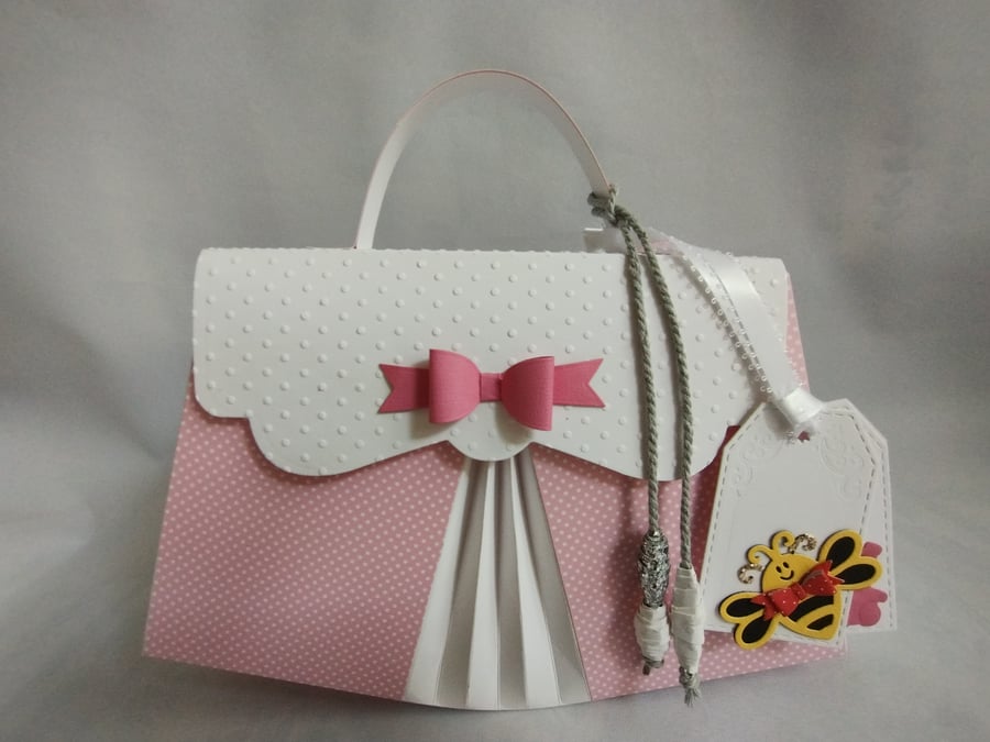 Baby Bee Pink Polka Dot Handbag Style Gift Box Bag - Keepsake Box