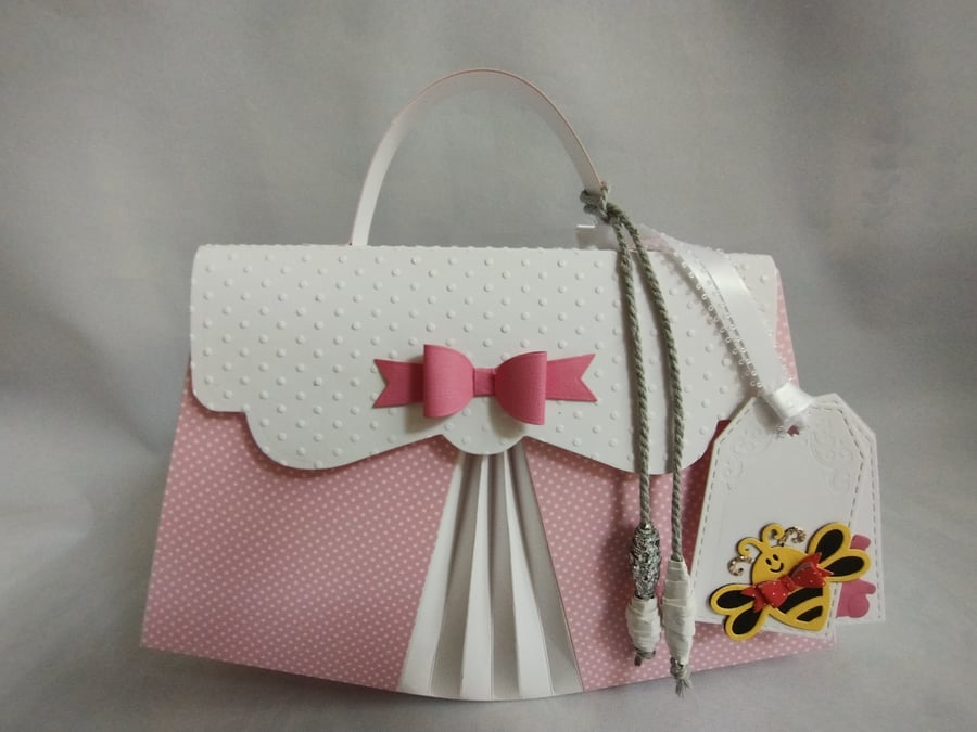 Handmade Gift Box Bag Baby Bee Pink Polka Dot Handbag Style - Keepsake Box
