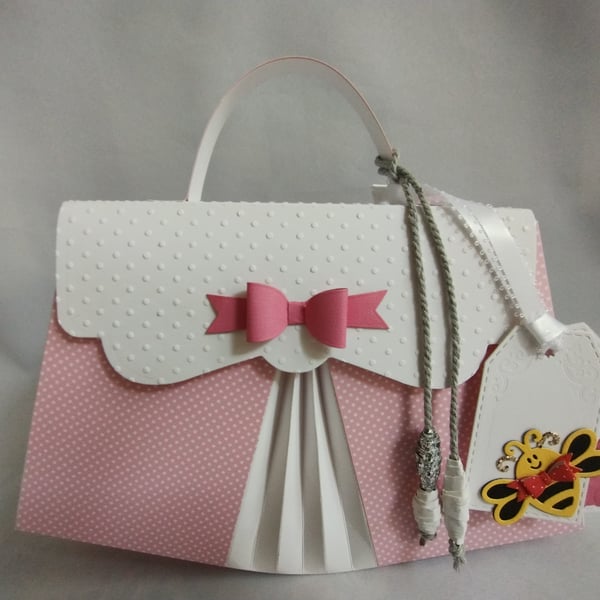 Handmade Gift Box Bag Baby Bee Pink Polka Dot Handbag Style - Keepsake Box