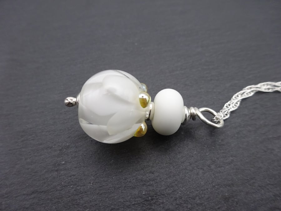 sterling silver chain, white lampwork glass petal pendant necklace