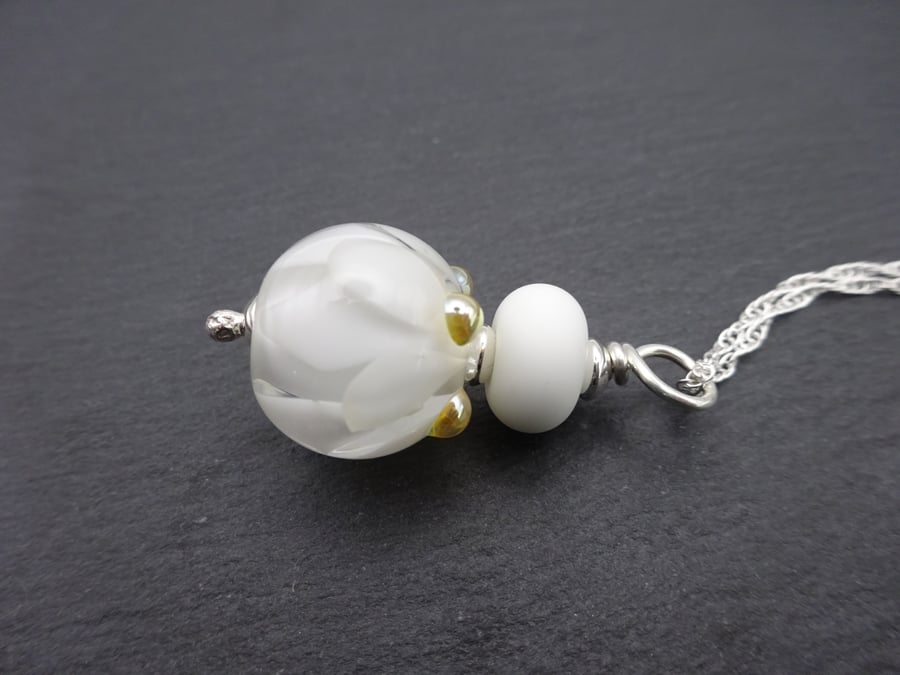 sterling silver chain, white lampwork glass petal pendant necklace