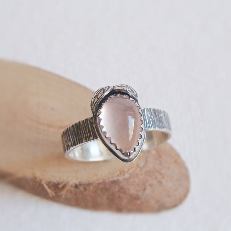 Rose Quartz Teardrop Sterling Silver Woodland Leaf Stacking Ring