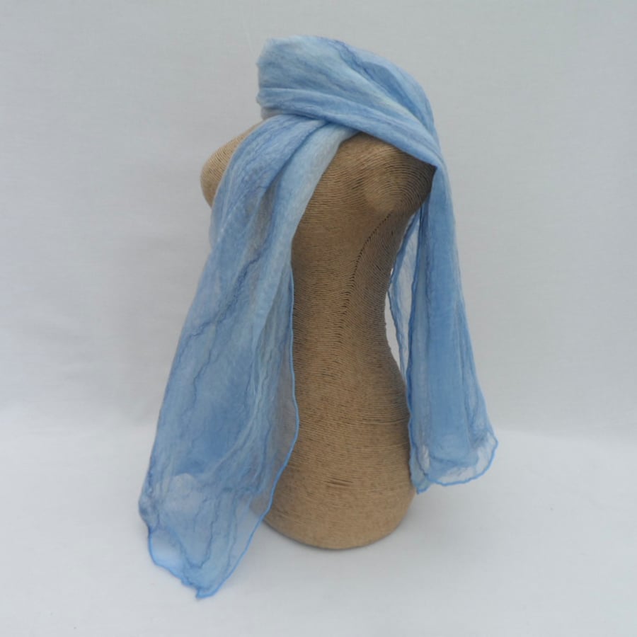 Scarf, cobweb nuno felted, summer pastels, blue