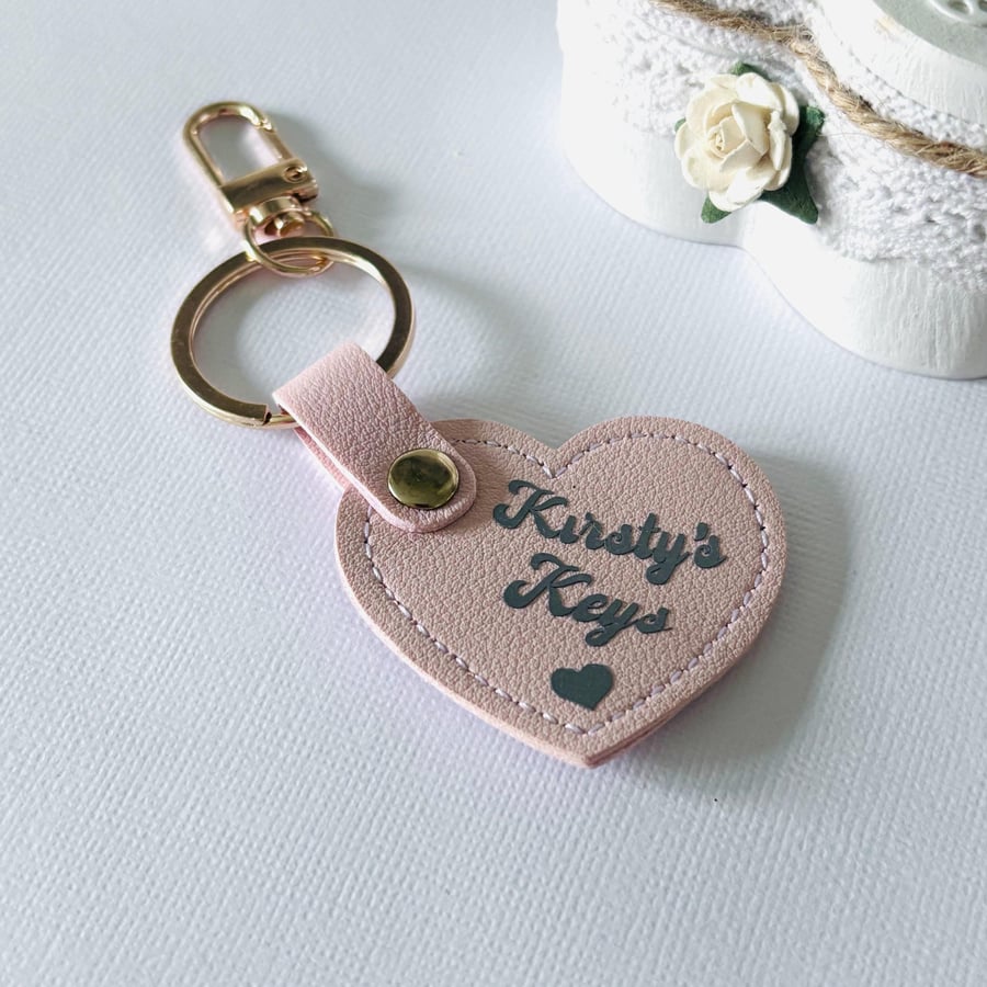 Personalised Pink Leather Heart Keyring 