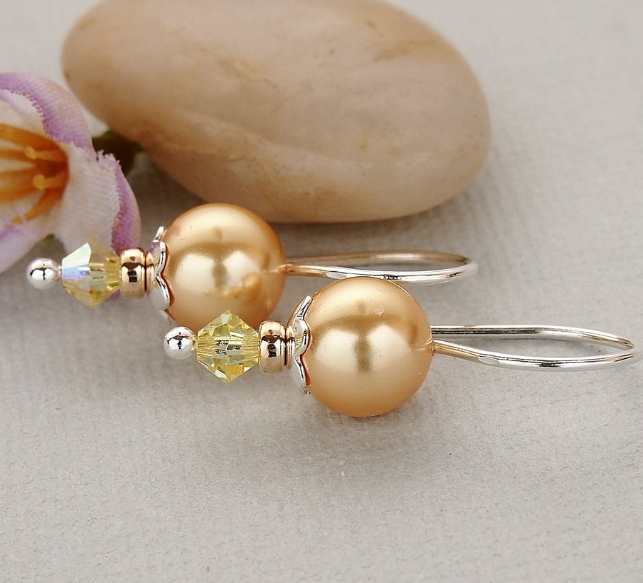 Yellow Pearl Earrings - Sterling Silver - Gold
