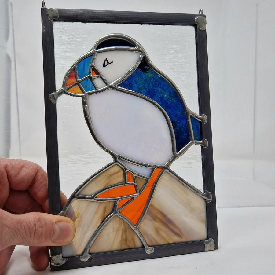 SOLD Stained glass puffin copper foil and lead panel 